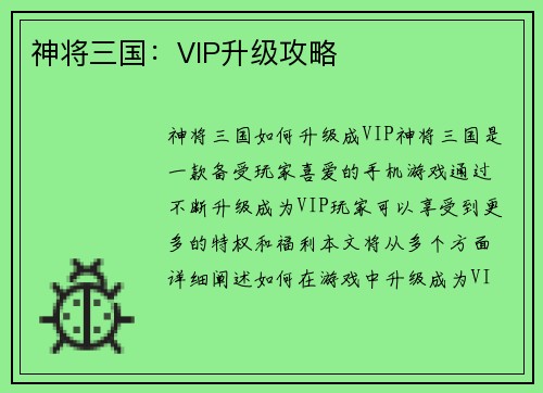 神将三国：VIP升级攻略
