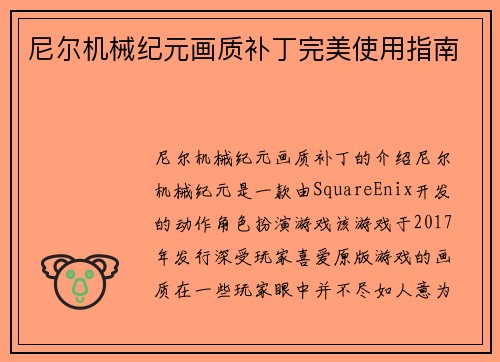 尼尔机械纪元画质补丁完美使用指南