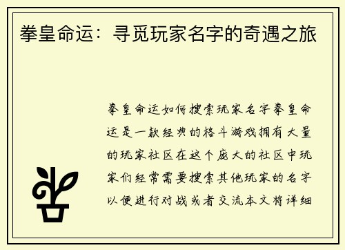 拳皇命运：寻觅玩家名字的奇遇之旅